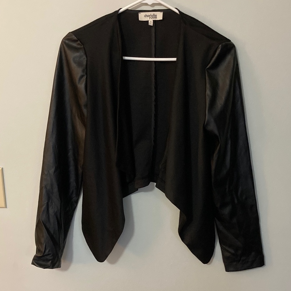 Charlotte Russe Black Faux Leather-Sleeve Open Front Jacket